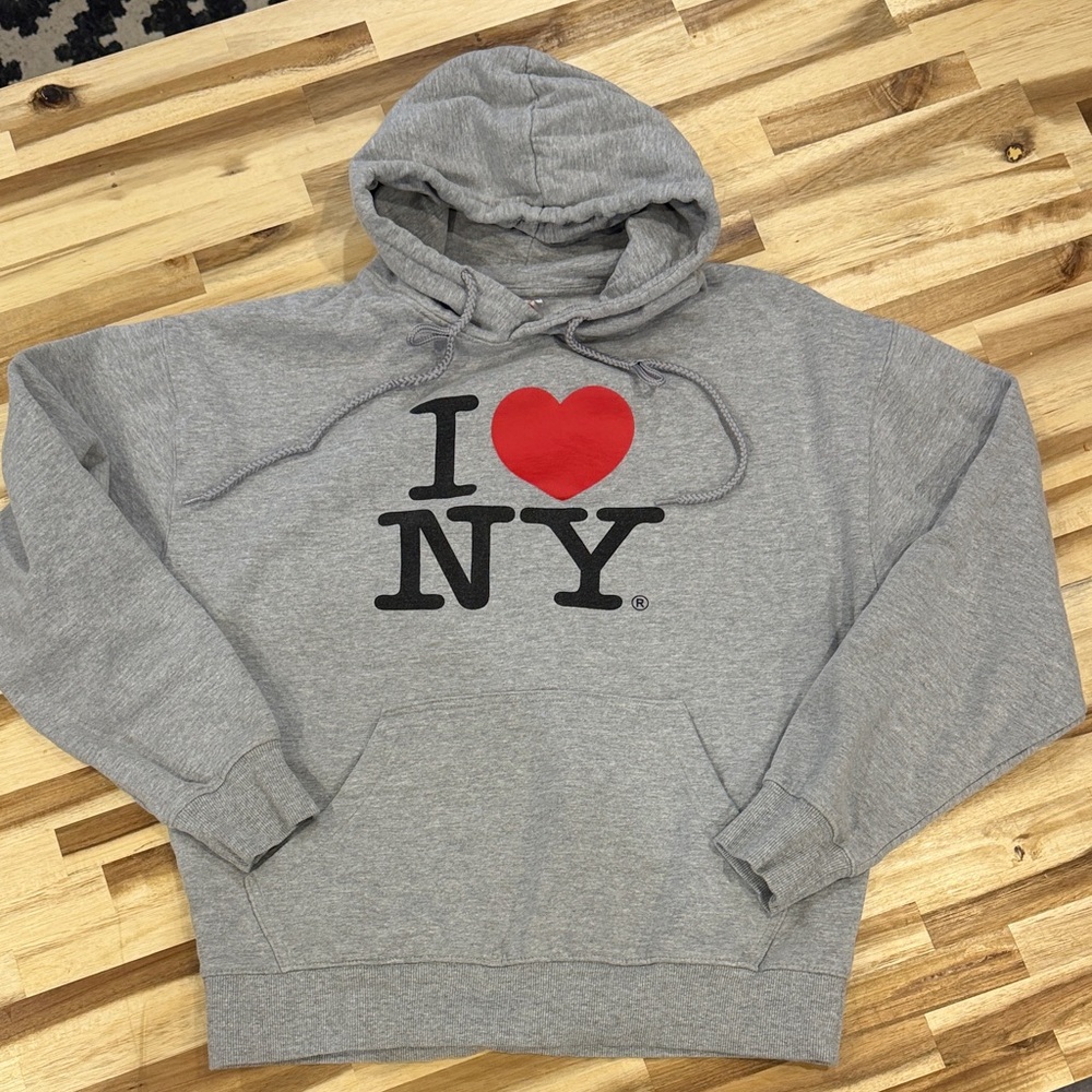 I Love NY Grey Hooded Sweatshirt with Red Heart Graphic